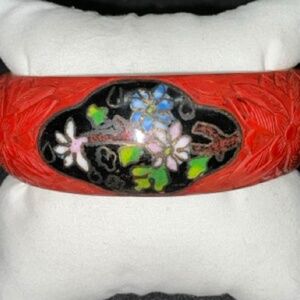 Vintage Cinnabar Cloisonne Floral Bangle Bracelet Size 8 Never Owned